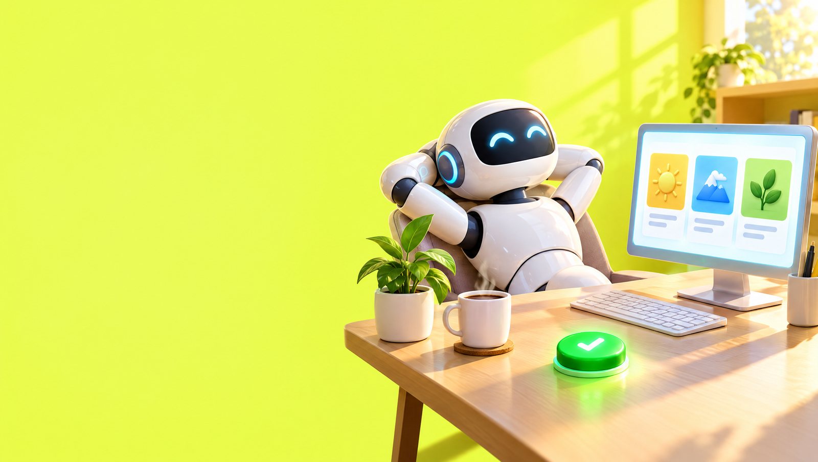 A relaxed robot at a tidy desk with one screen, coffee and a plant, a green approve button glowing