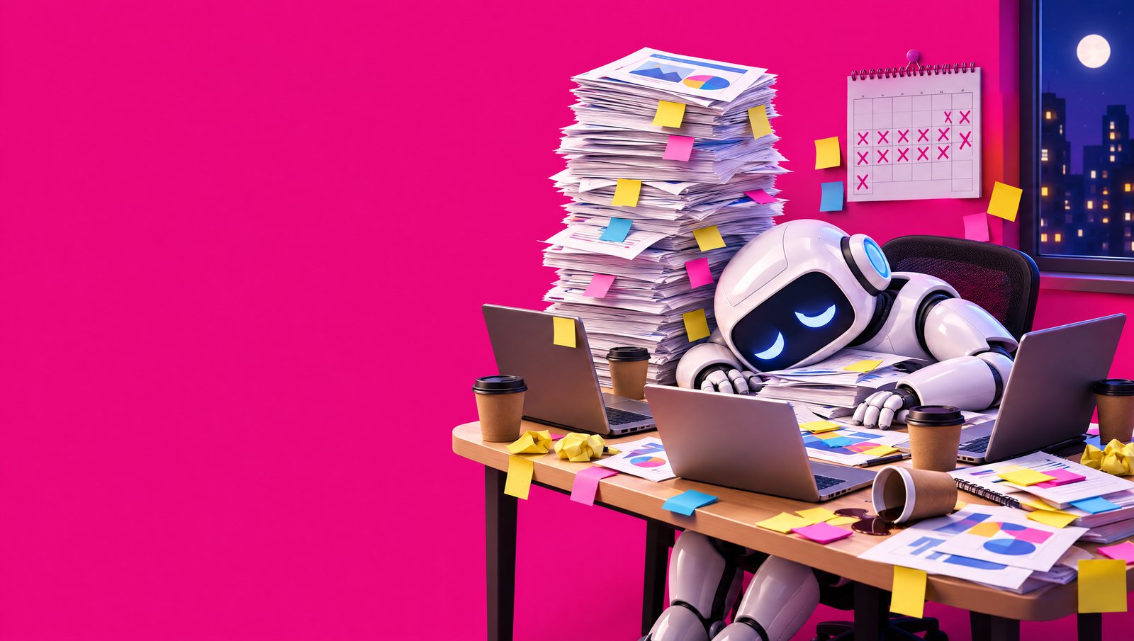 An exhausted robot slumped over a desk buried in printed slides, laptops and sticky notes