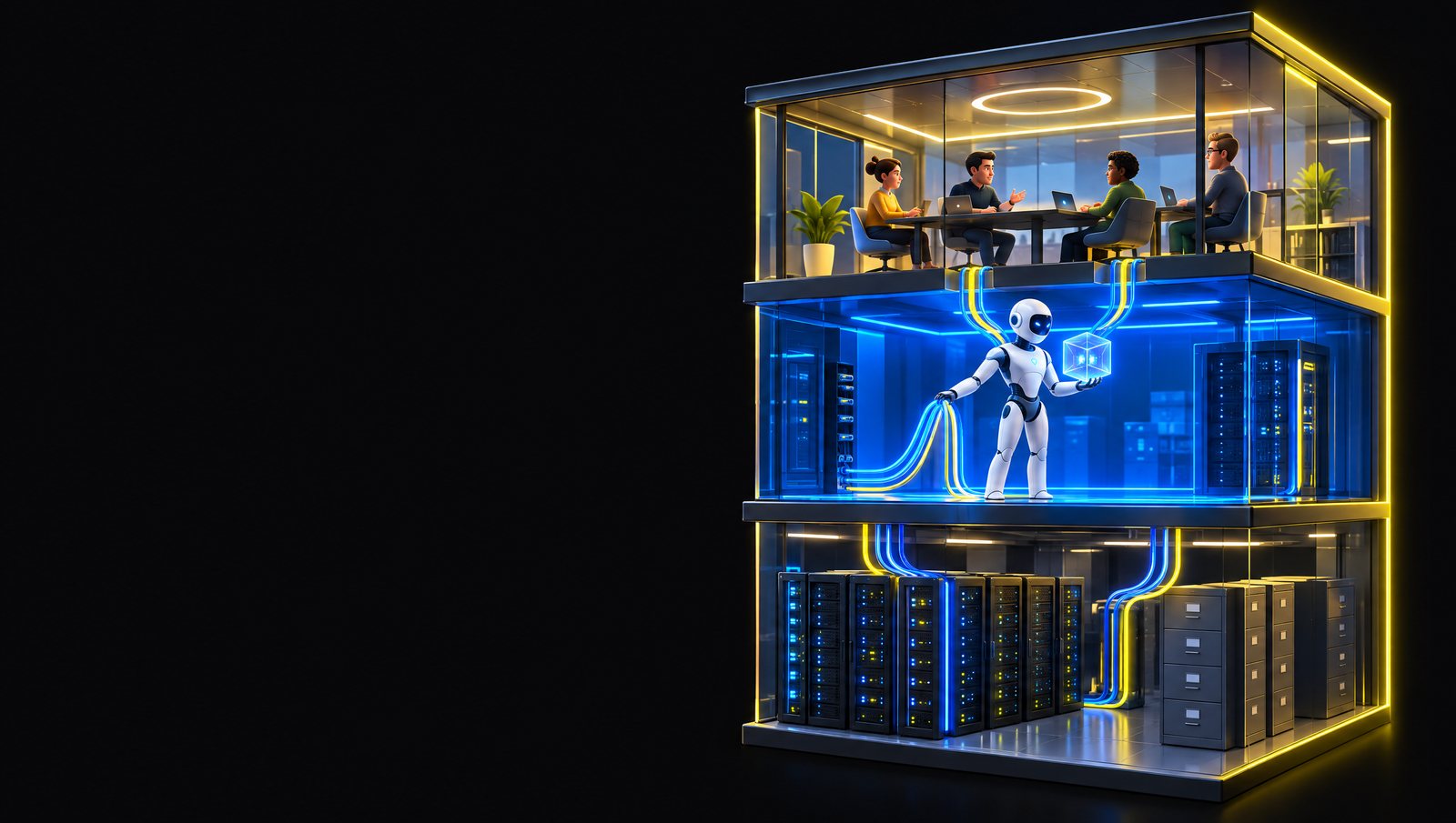 A cutaway glass building: people on top, servers below, a glowing middle floor where a robot routes cables and holds a decision cube