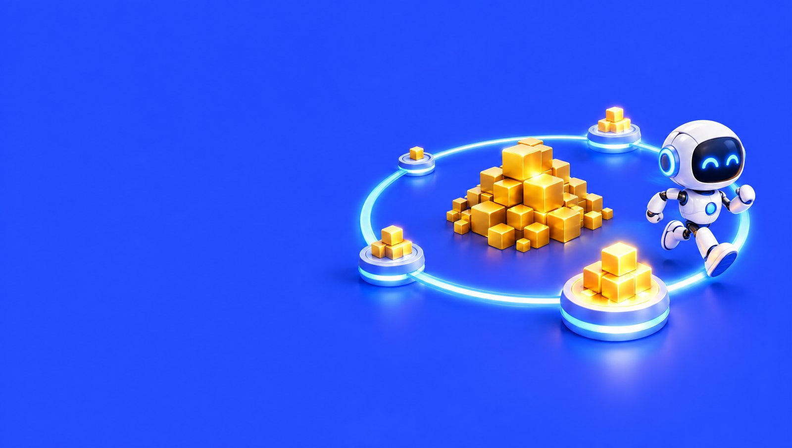 A small robot runs along a glowing loop track with four stations around a growing pile of gold cubes