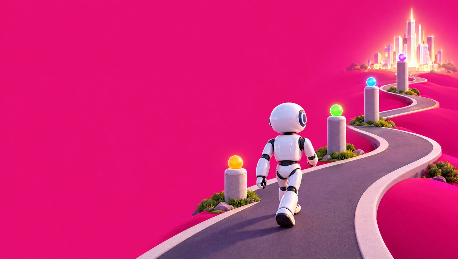 A robot walks a winding road past four milestone posts toward a glowing city