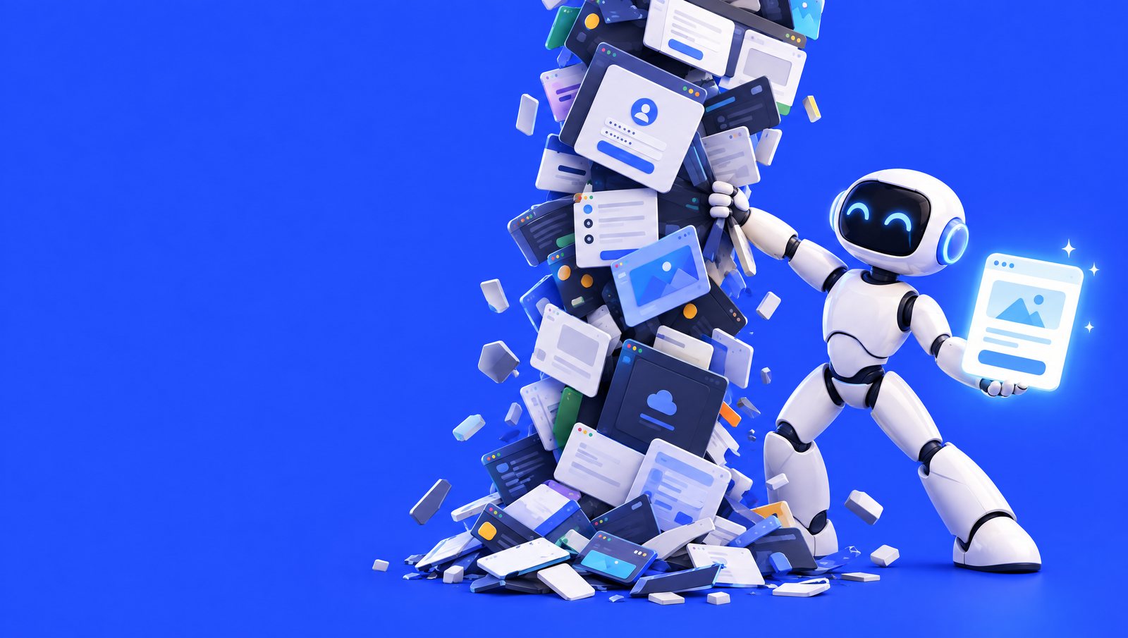 A white robot pulls down a crumbling tower of app windows, keeping one glowing panel in its hand
