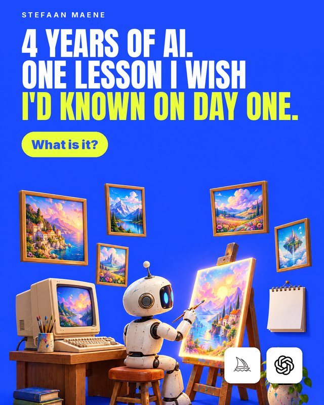 A small retro robot paints at an easel next to an old desktop computer, surrounded by framed dreamy landscapes. Headline: 4 years of AI. One lesson I wish I'd known on day one. What is it? Midjourney and ChatGPT logos.