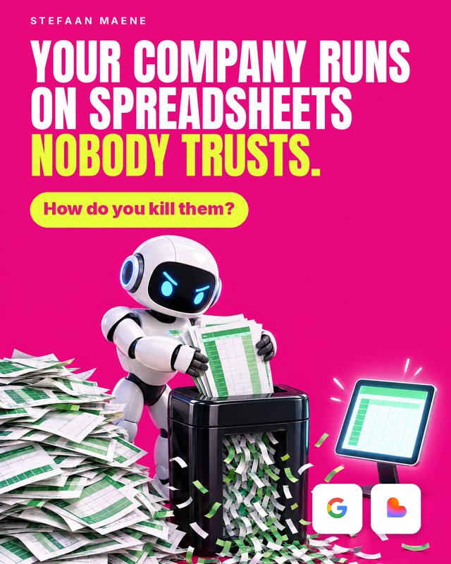 A determined white robot feeds a mountain of spreadsheet printouts into a black shredder, with one glowing tablet beside it. Headline: Your company runs on spreadsheets nobody trusts. How do you kill them? Google and Lovable logos.