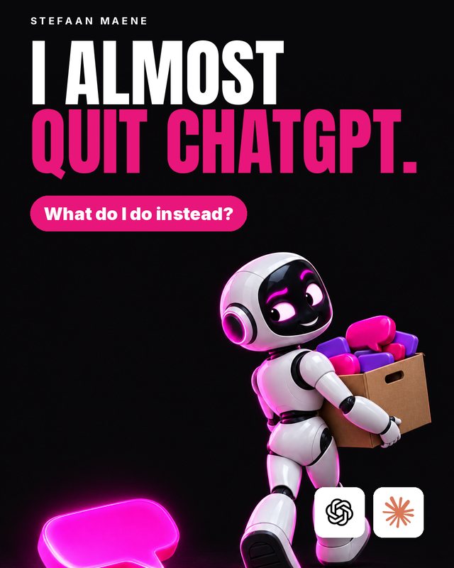 A cheeky white robot walks away carrying a moving box full of chat bubbles, leaving a glowing pink speech bubble behind. Headline: I almost quit ChatGPT. What do I do instead? ChatGPT and Claude logos.