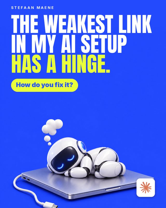 A small white robot sleeps curled up on a closed silver laptop with an unplugged cable beside it. Headline: The weakest link in my AI setup has a hinge. How do you fix it? Claude logo.