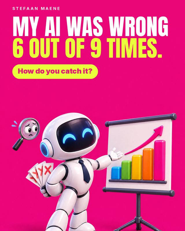 A confident robot in a tie presents a glossy rising bar chart while hiding crossed-out cards behind its back. Headline: My AI was wrong 6 out of 9 times. How do you catch it?